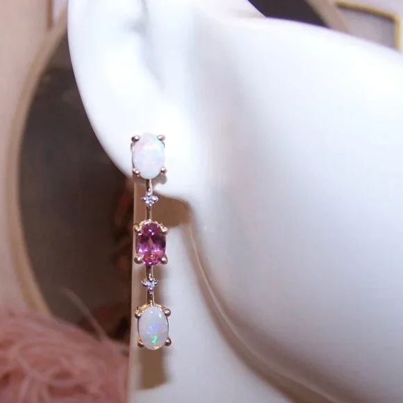 14K Gold Opal Diamond and Pink Tourmaline Dangle Drop Earrings - Posts with Nuts - Picture 5 of 11
